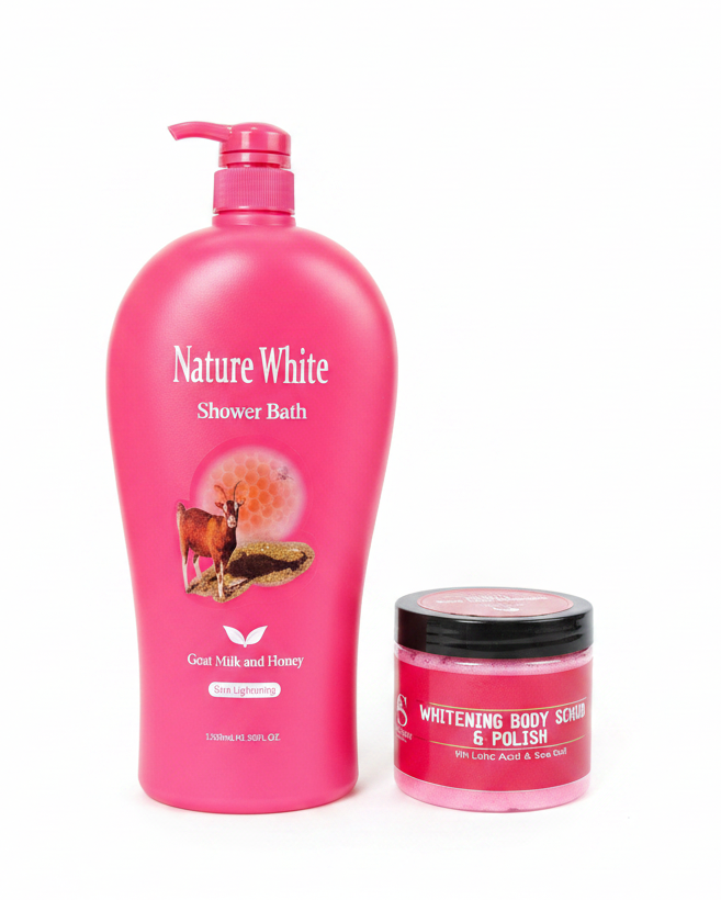 Nature White Glow Set (Shower Bath Wash + Body Scrub)